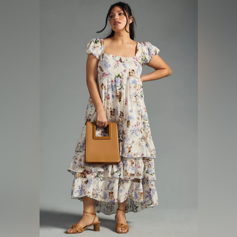By Anthropologie Tiered Cap-Sleeve Dress Floral Ruffle Babydoll Peasant Large